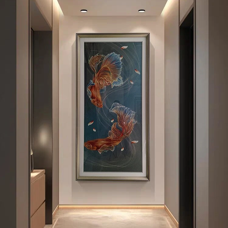招财锦鲤入户玄关织锦绣刺绣装饰画简约客厅走廊过道苏绣竖版挂画