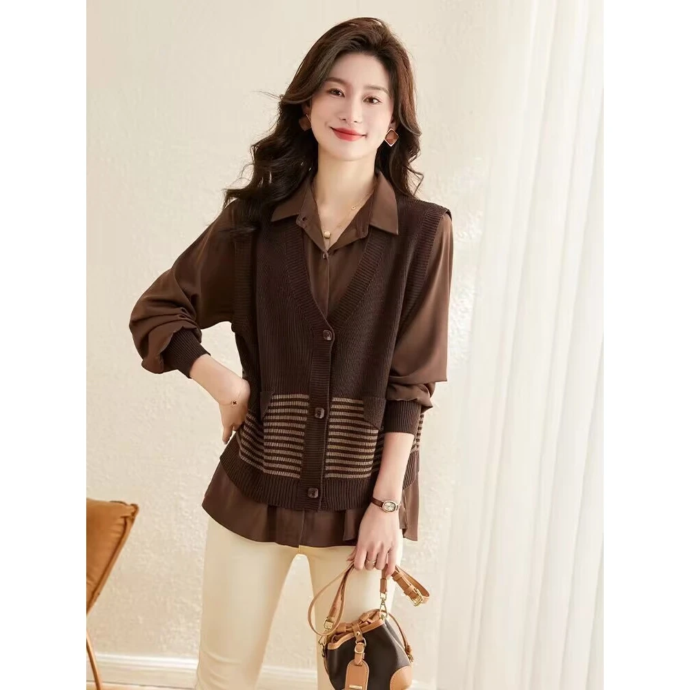 2092 假两件衬衫秋装新款宽松休闲早秋秋衬衣拼接马甲背心长袖上