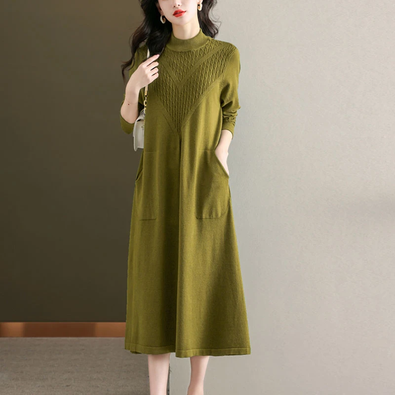 1591 打底连衣裙女秋冬过膝中长款宽松针织毛衣内搭配针织裙