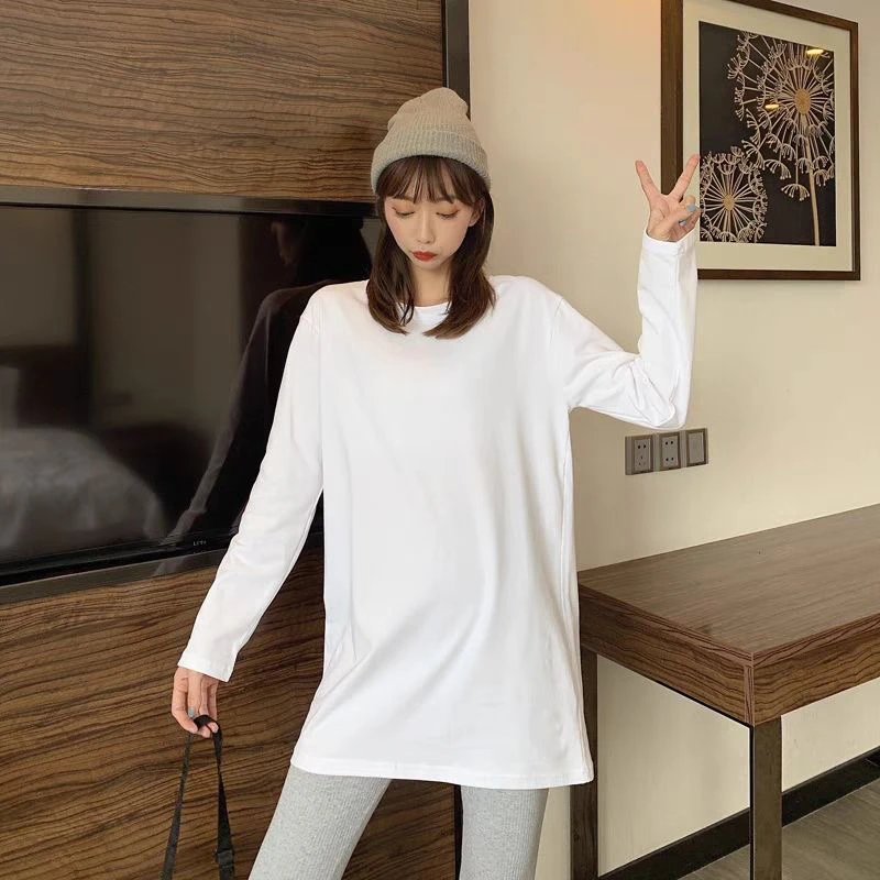 早秋季长袖高个子内搭纯色t恤女宽松显瘦中长大码纯棉加绒打底衫