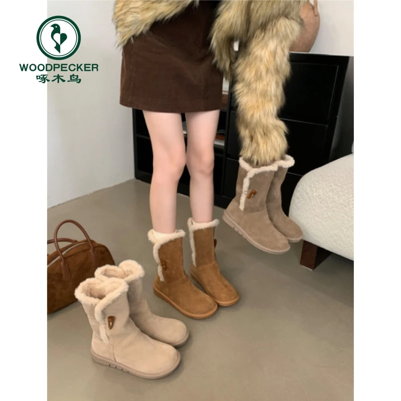 啄木鸟中筒雪地靴女2024年新款冬季加绒加厚保暖雪靴女绒面短靴