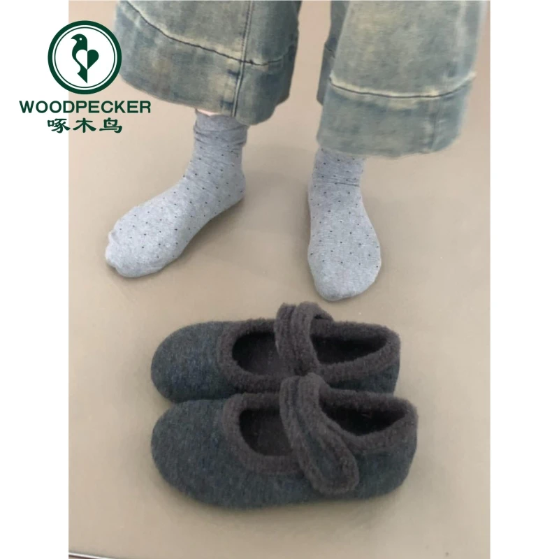 啄木鸟韩版加绒浅口单鞋女外穿冬季百搭魔术贴毛毛鞋平底勃肯棉鞋