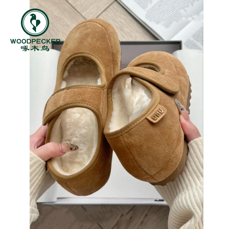 啄木鸟厚底加绒玛丽珍鞋女2024秋冬韩版软面魔术贴休闲毛毛棉鞋