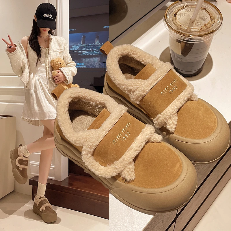 印妍厚底棉鞋女秋冬加绒2024年新款增高休闲雪地棉一脚蹬鞋P6508