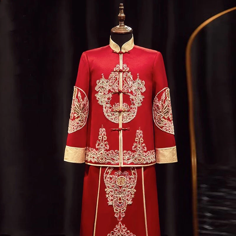 大尺码秀禾服男装加肥加大结婚龙凤挂夏季唐装新郎接亲服中式新郎