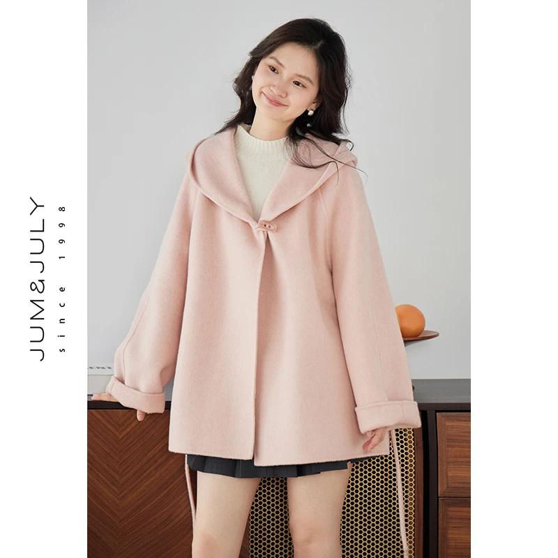 嘉茱莉连帽一粒扣大衣新款双面呢大衣外套女小个子羊毛外套D989