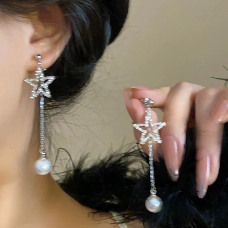 铜合金仿珍珠耳饰 清冷感星星流苏长款耳钉新款时尚高级感耳饰