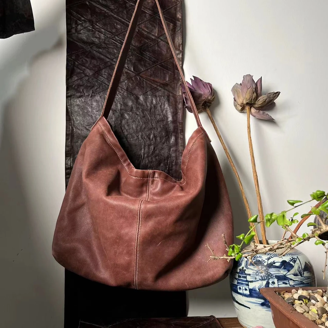 【隐叙原创】YX0419 新款女单肩大容量包包复古原创牛皮大包