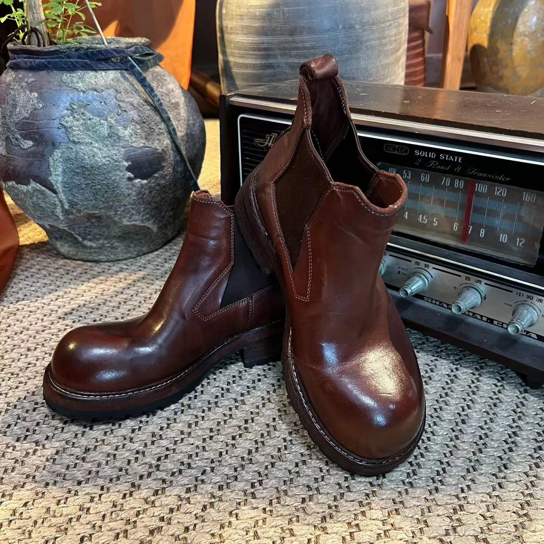 【隐叙原创】YX0428秋季新款水洗马皮切尔西靴子复古单鞋偏大一码