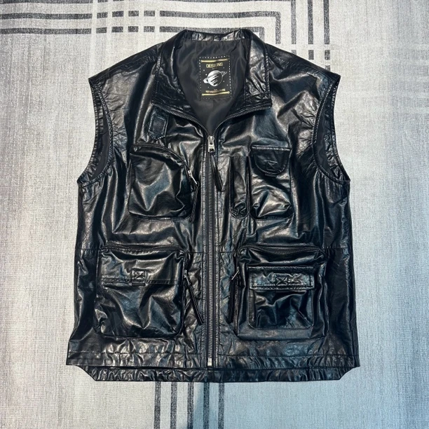 时尚大码机车马甲进口小牛皮复古真皮皮衣男多口袋背心款立翻领