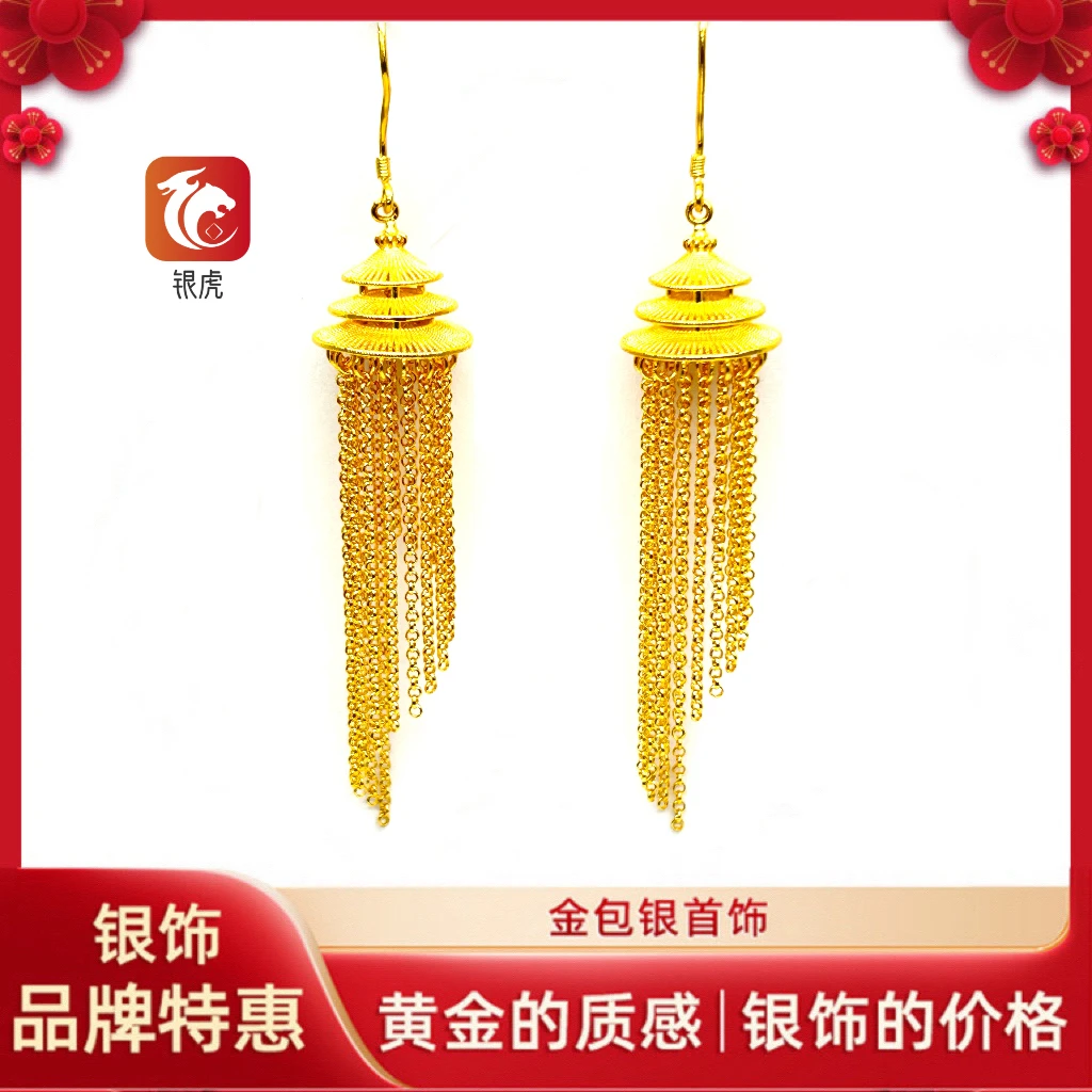 足银耳饰 【铭溪】足银铸厚金国风复古精致流苏天坛耳饰