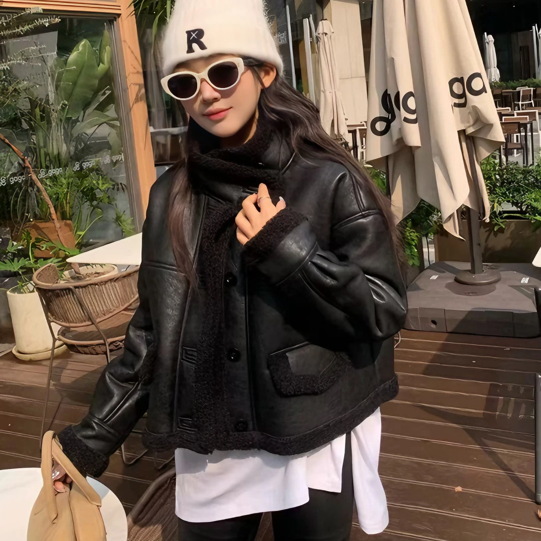 韩版皮毛一体短款外套女2023秋冬新款高级感宽松加厚保暖气质上衣