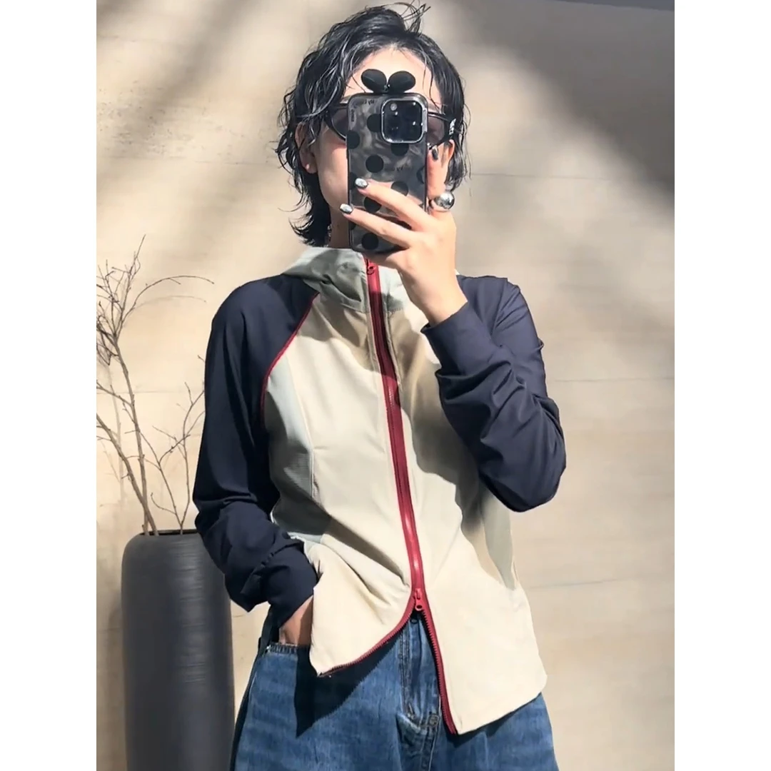 撞色连帽插肩袖开衫女秋季新款设计感小众高级感短款外套薄款