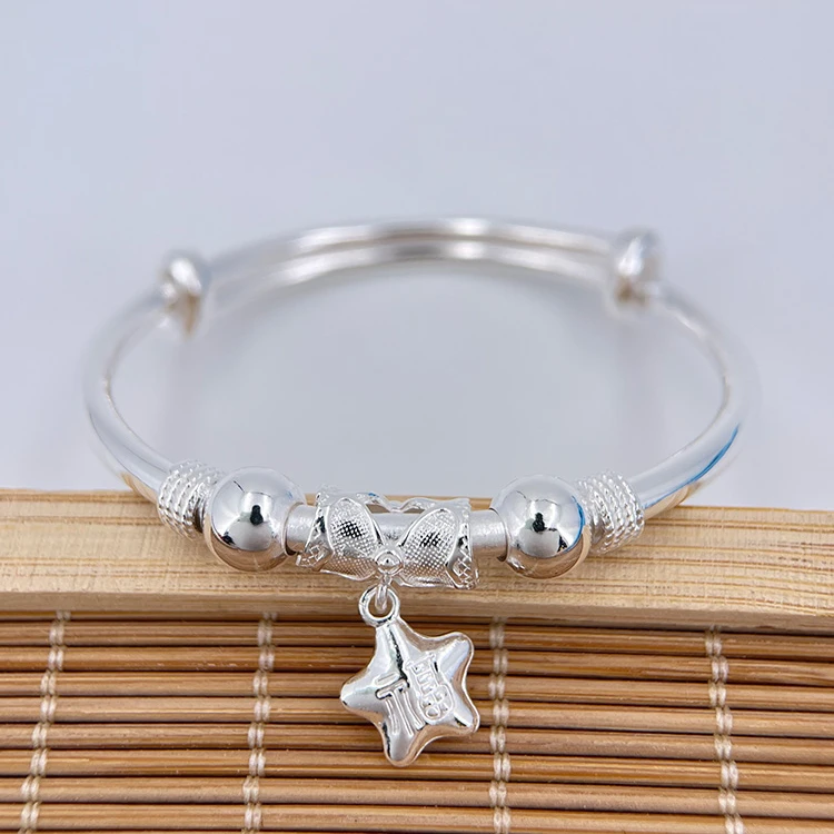 足银手镯 足银时尚中童手镯时尚爱心可调节宝宝纯银手镯儿童镯子