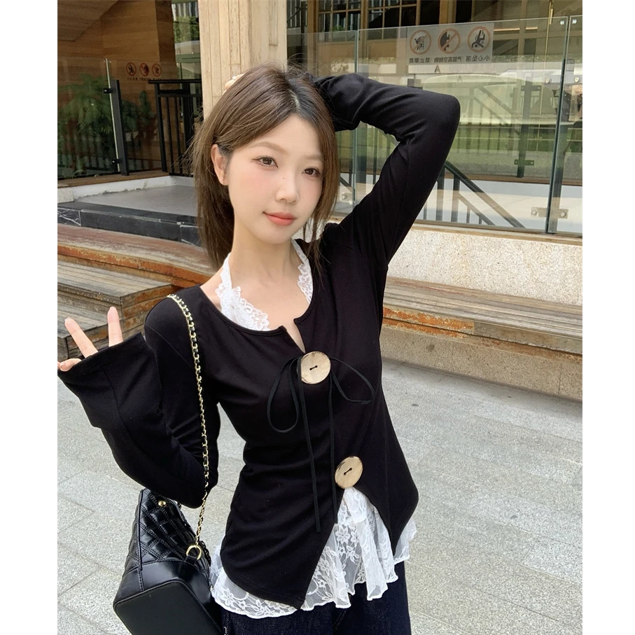 【板栗】胖辣妹长袖针织衫女秋季纯欲性感内搭蕾丝上衣两件套装