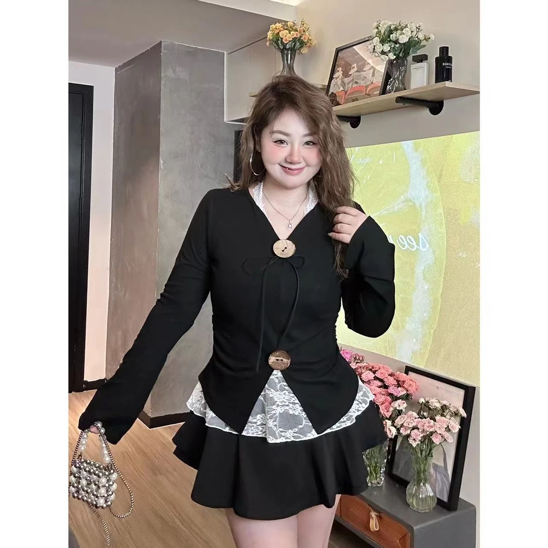 【欣欣定制】纯欲辣妹v领长袖T恤女秋季挂脖蕾丝吊带叠穿上衣两件套