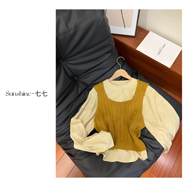 Sunshine【深秋落叶】韩系气质百搭小众设计感高中衬衫+马甲