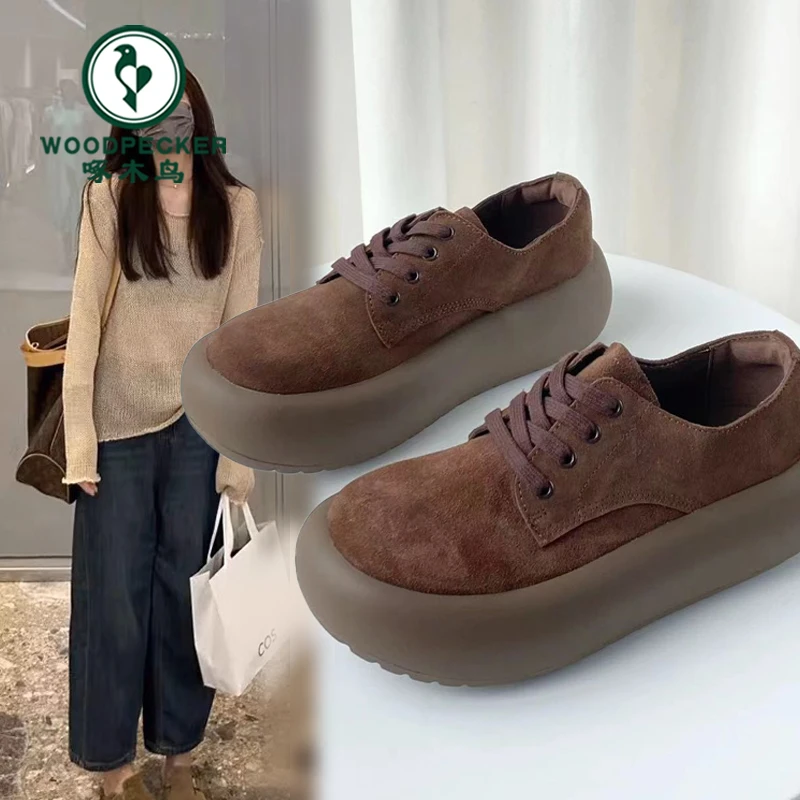 啄木鸟磨砂皮圆头复古休闲鞋女鞋2024新款休闲百搭厚底松糕面包鞋