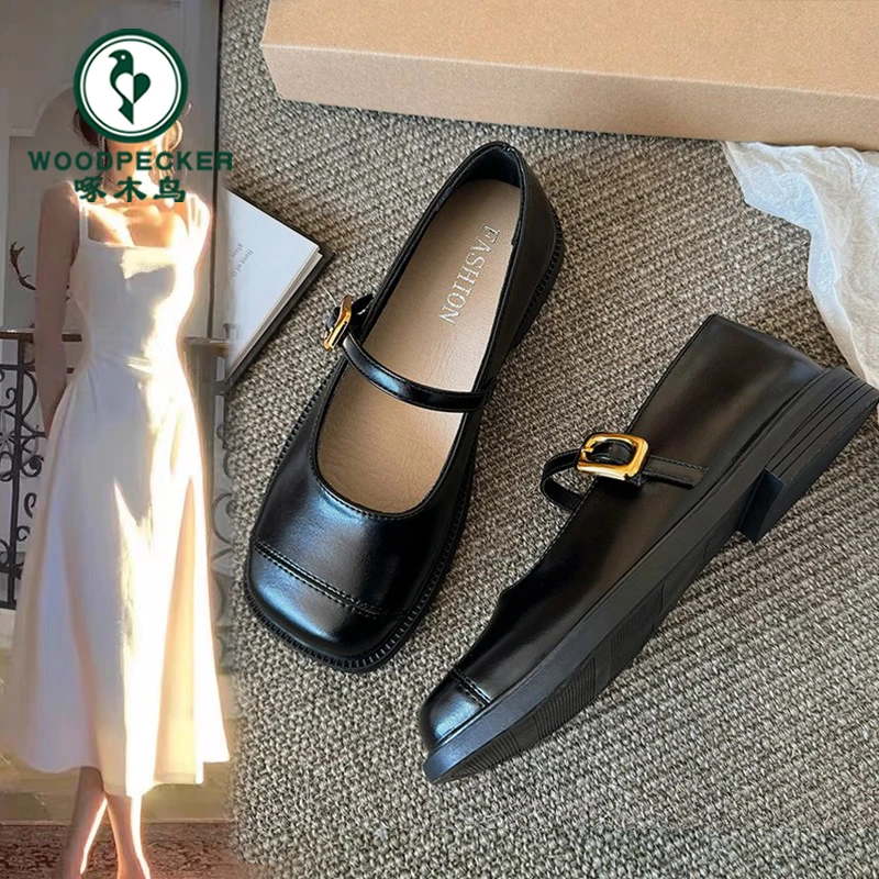 啄木鸟法式浅口单鞋女2024年新款春秋粗跟百搭配裙子晚晚风小皮鞋