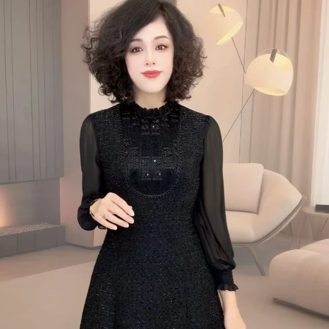 时尚减龄小香风拼接连衣裙【B78】显瘦气质长袖网红修身拼接蕾丝