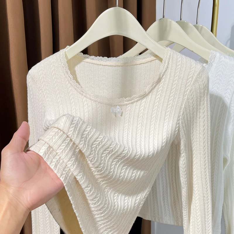 低领气质打底衫女蕾丝边2024新款春秋圆领蝴蝶结高级洋气内搭小衫