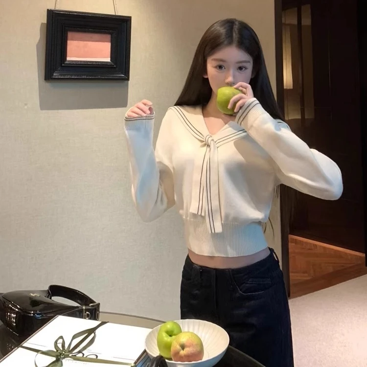 《​航海系》学院风短款毛衣针织衫女秋季海军领长袖上衣