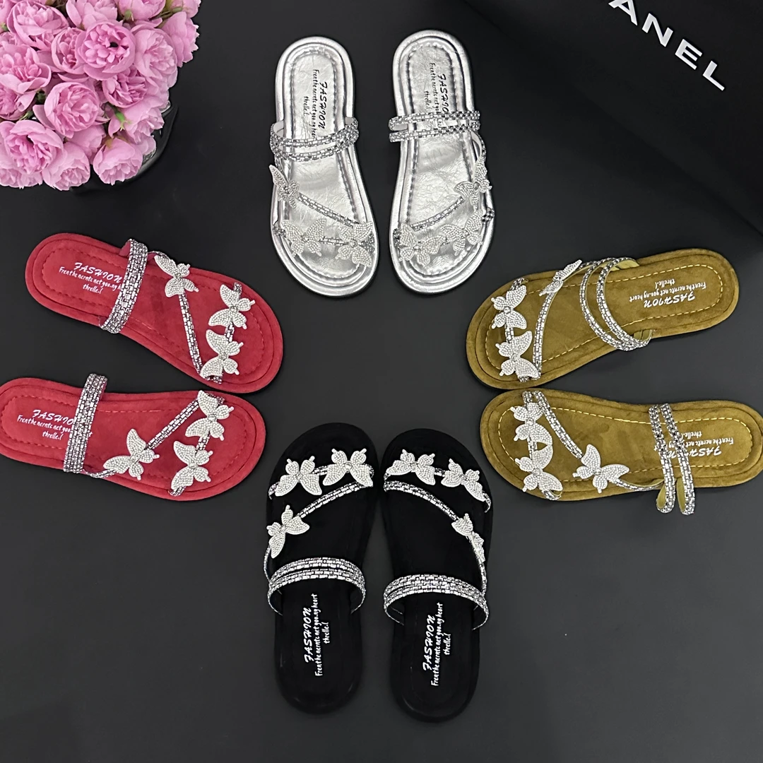 拖鞋女夏外穿2024新款平底三个蝴蝶网红时尚百搭夏季软底防滑