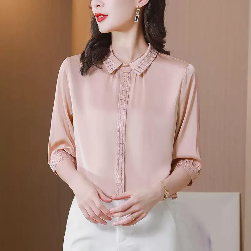 娃娃领缎面七分袖衬衫女夏季新款宽松大码女士衬衣妈妈装上衣小衫