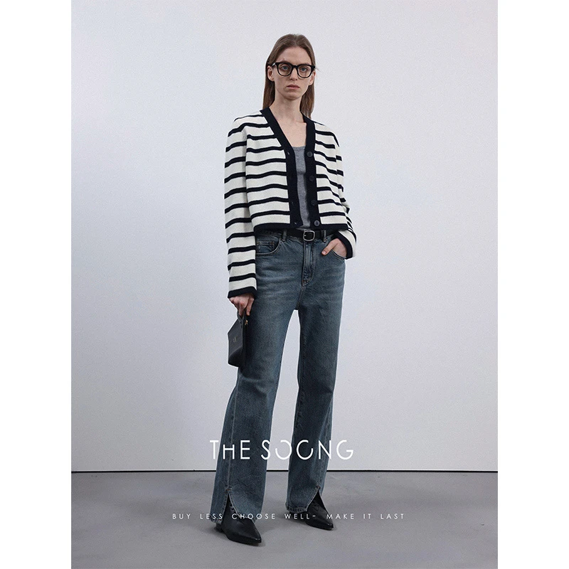 THESOONG|"进口土耳其"开叉立体阔腿蓝色牛仔裤 HBKZ223080