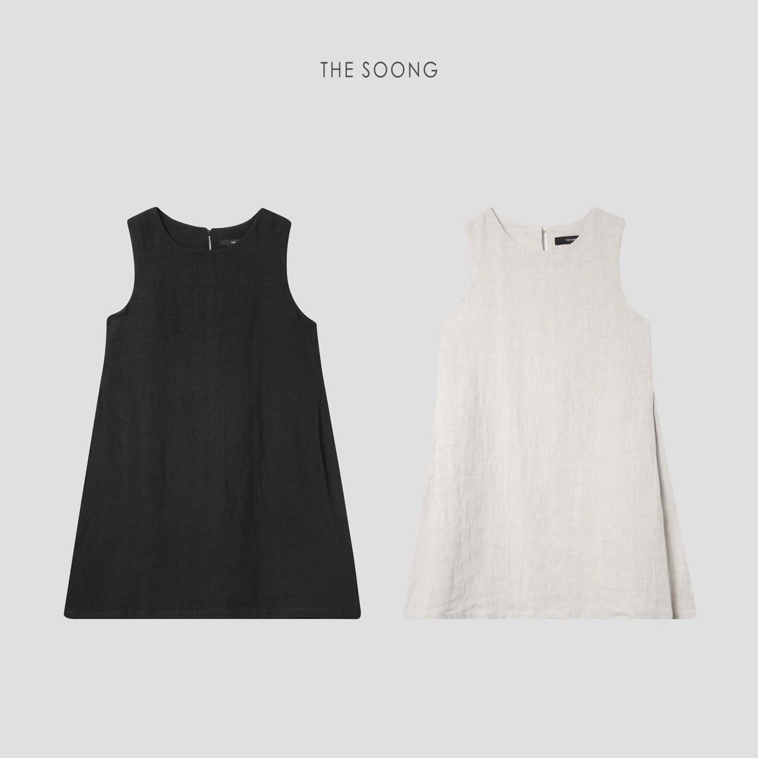 THESOONG|克莱蒙费朗100%亚麻加软弓字褶修身无袖连衣裙HBQZ4269