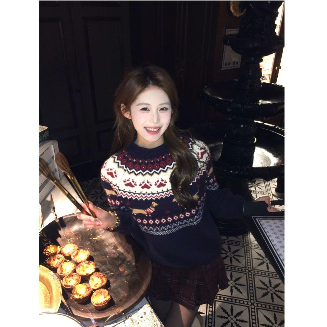 麻吉麻吉mochi【费尔岛】复古小狗提花时尚百搭秋冬毛衣宽松针织衫