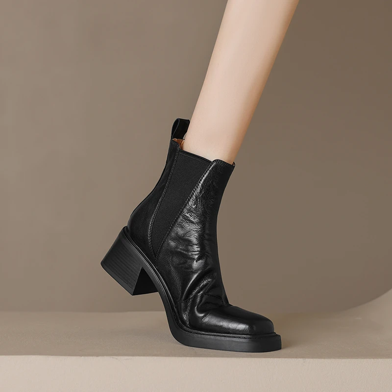 34-40码|6cm高跟|黑/棕|陈摸鱼方头粗跟套脚复古简约切尔西靴短靴