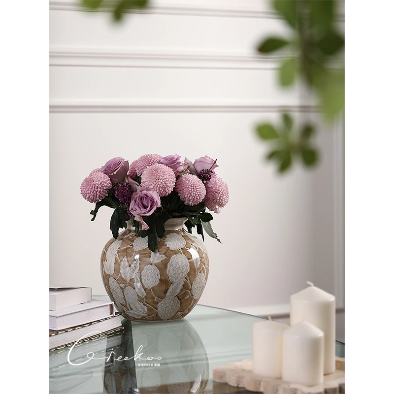 契阔家居 Leitz金叶满堂摩卡棕大口径陶瓷花瓶新中式客厅玄关摆件