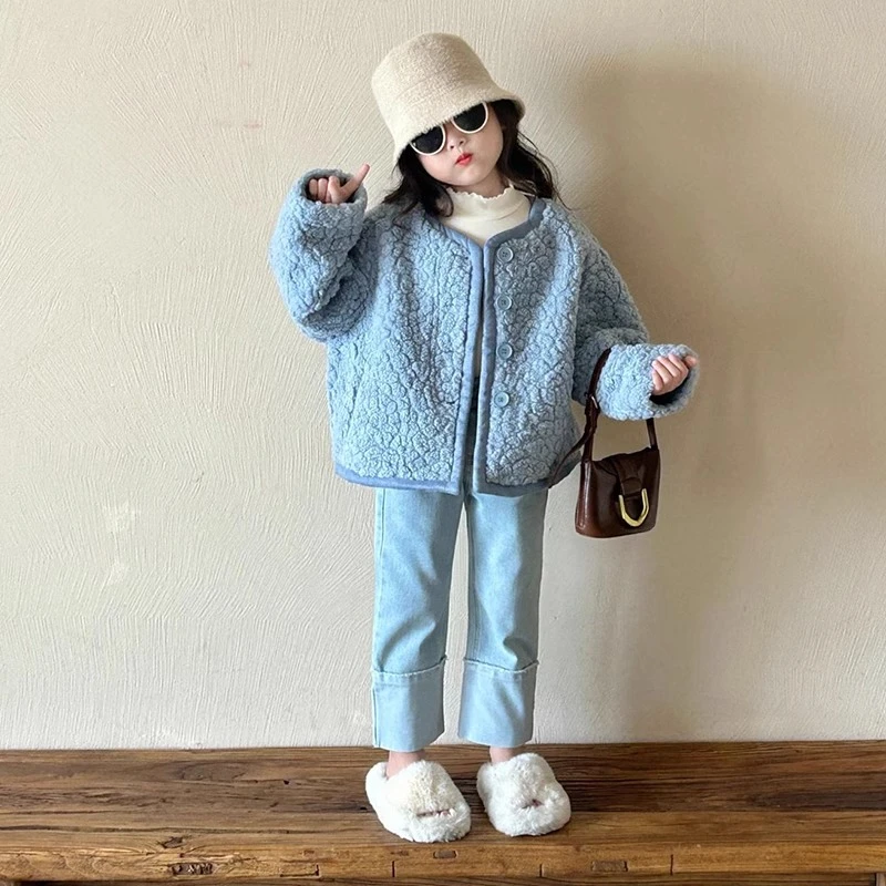 女童套装2025新款秋冬装洋气时髦皮毛一体外套百搭牛仔裤两件套