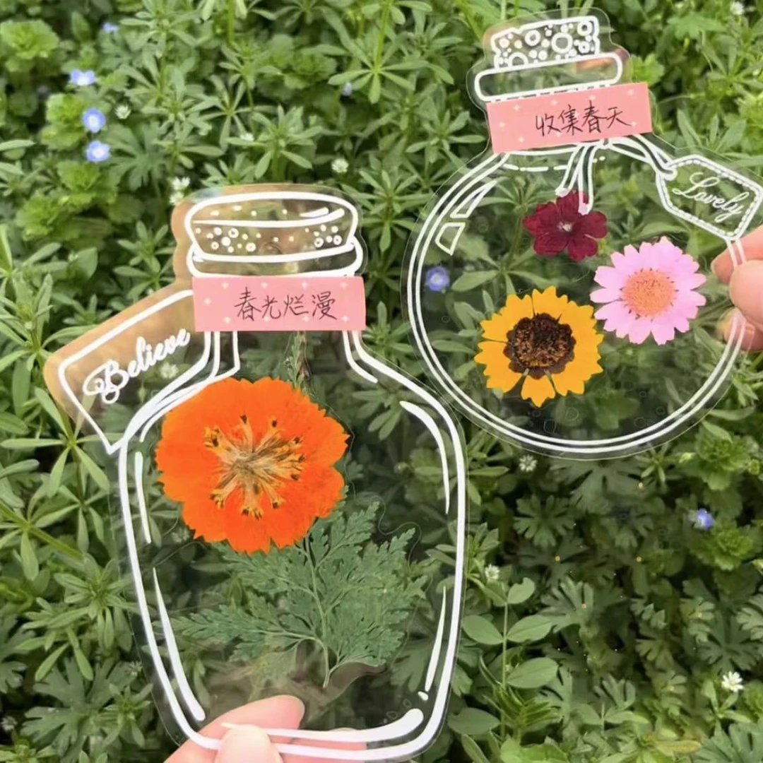 瓶子里的春天手工 DIY透明贴纸玻璃瓶创意千花书签收集树叶标本