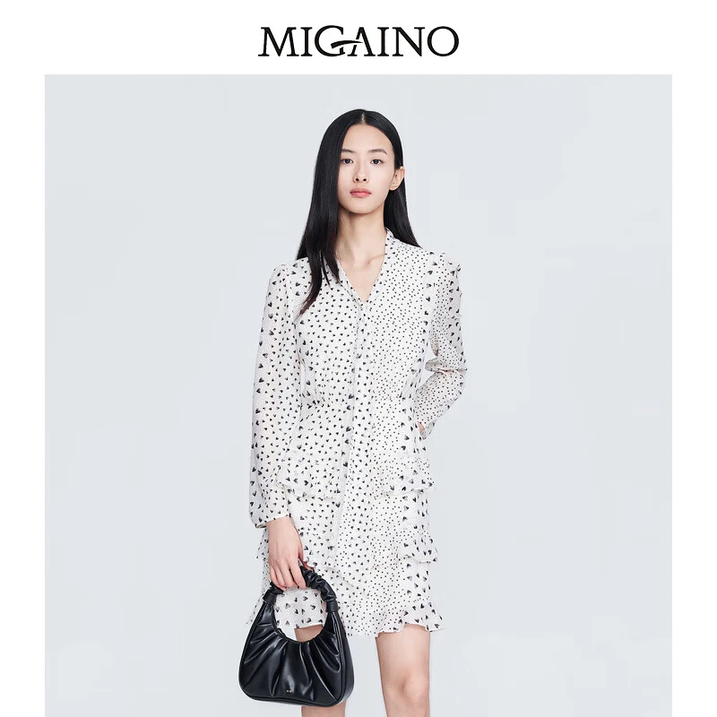 Migaino/曼娅奴气质连衣裙2023春新款系带荷叶边蛋糕裙MN12DC040