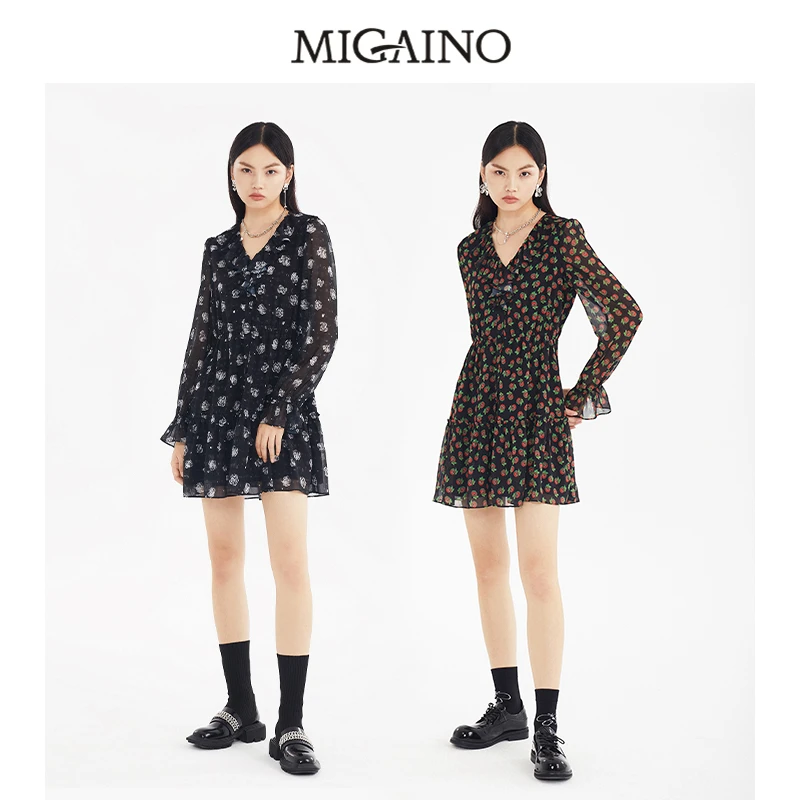 Migaino/曼娅奴连衣裙满印长袖印花碎花长款提花连衣裙 MM14DC655