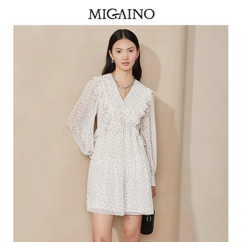 Migaino/曼娅奴品牌法式郁金香元素收腰气质显瘦连衣裙 MM34DC656
