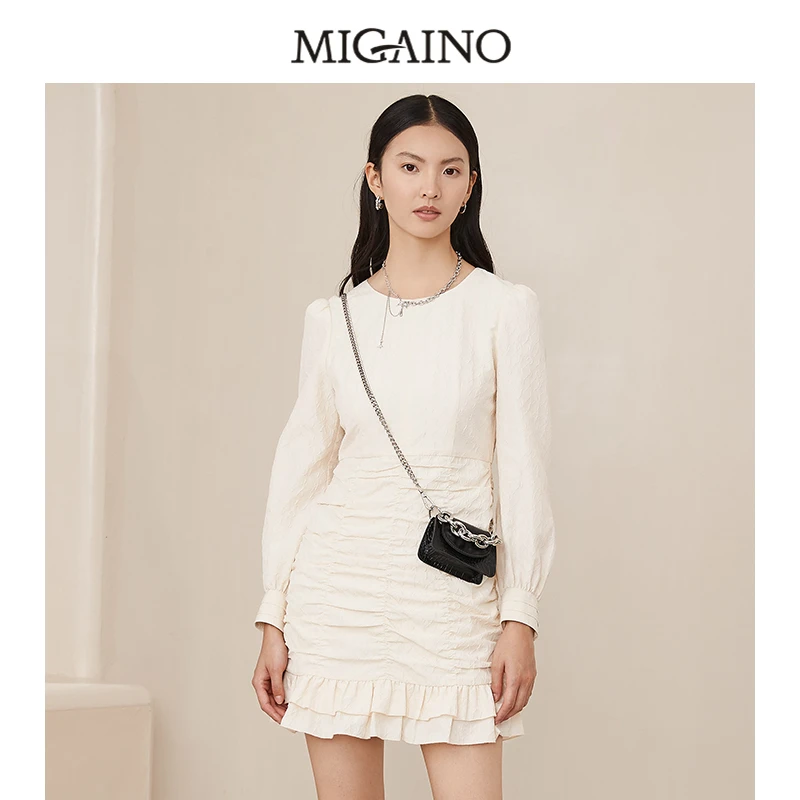 Migaino/曼娅奴连衣裙显瘦长袖拼接优雅褶皱圆领针织 MM34DC603