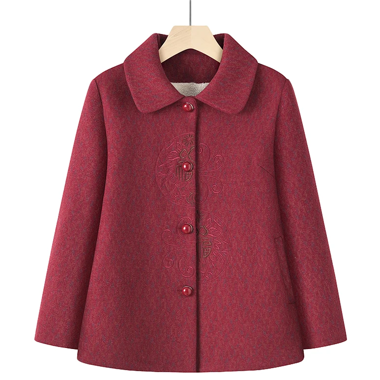 中老年人奶奶冬装加绒上衣妈妈装秋冬外套保暖翻领毛呢老太太衣服