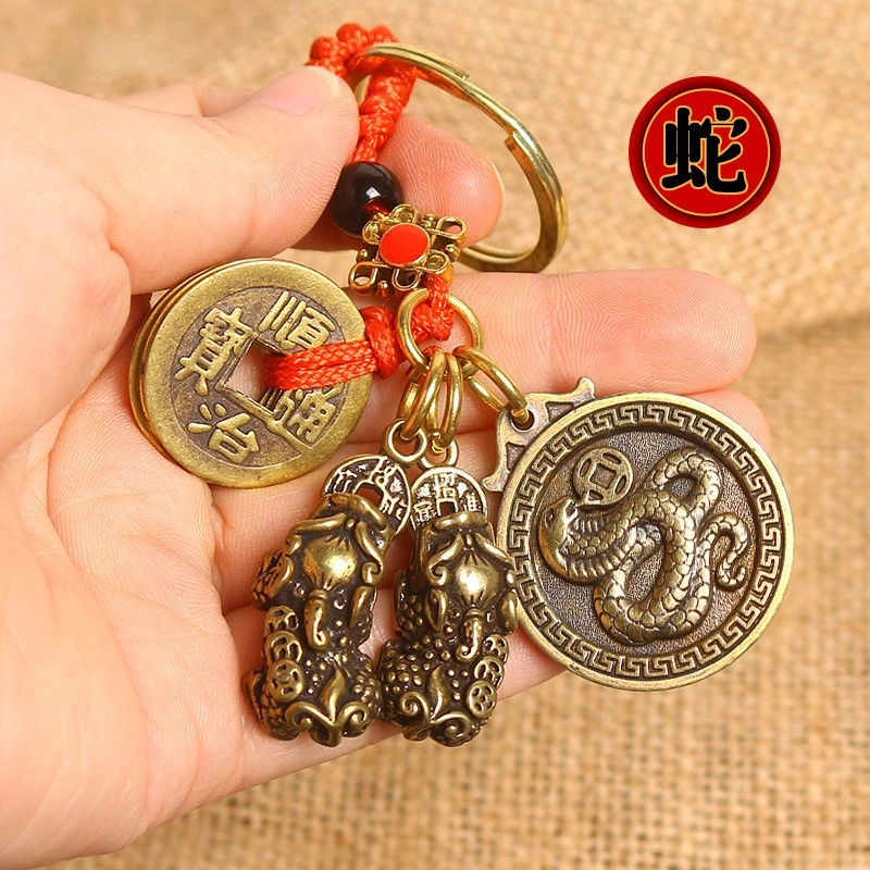 【老师推荐】黄铜貔貅十二生肖钥匙扣挂件生肖福牌属相复古汽车挂件
