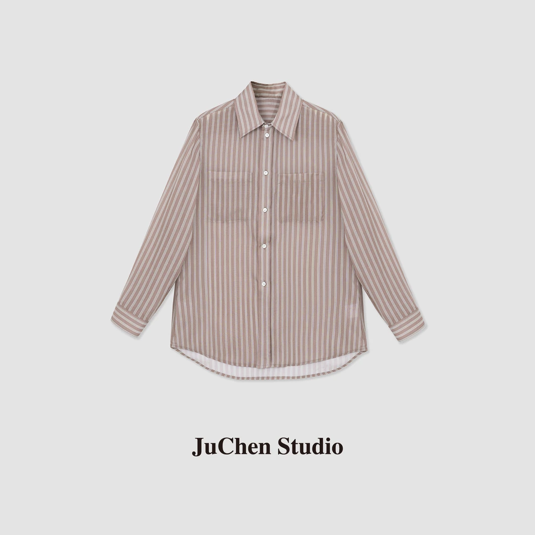 摩卡棕条纹天丝垂坠感弧形下摆通勤休闲宽松衬衫 SS101693