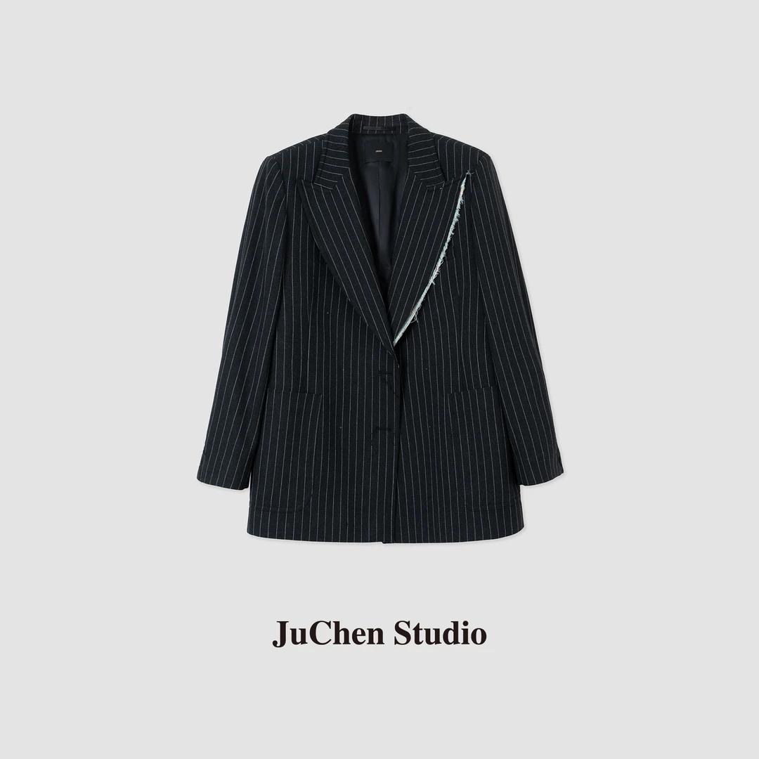 设计师花卉缎边毛须领细织羊毛条纹垂感西装外套 FW101618