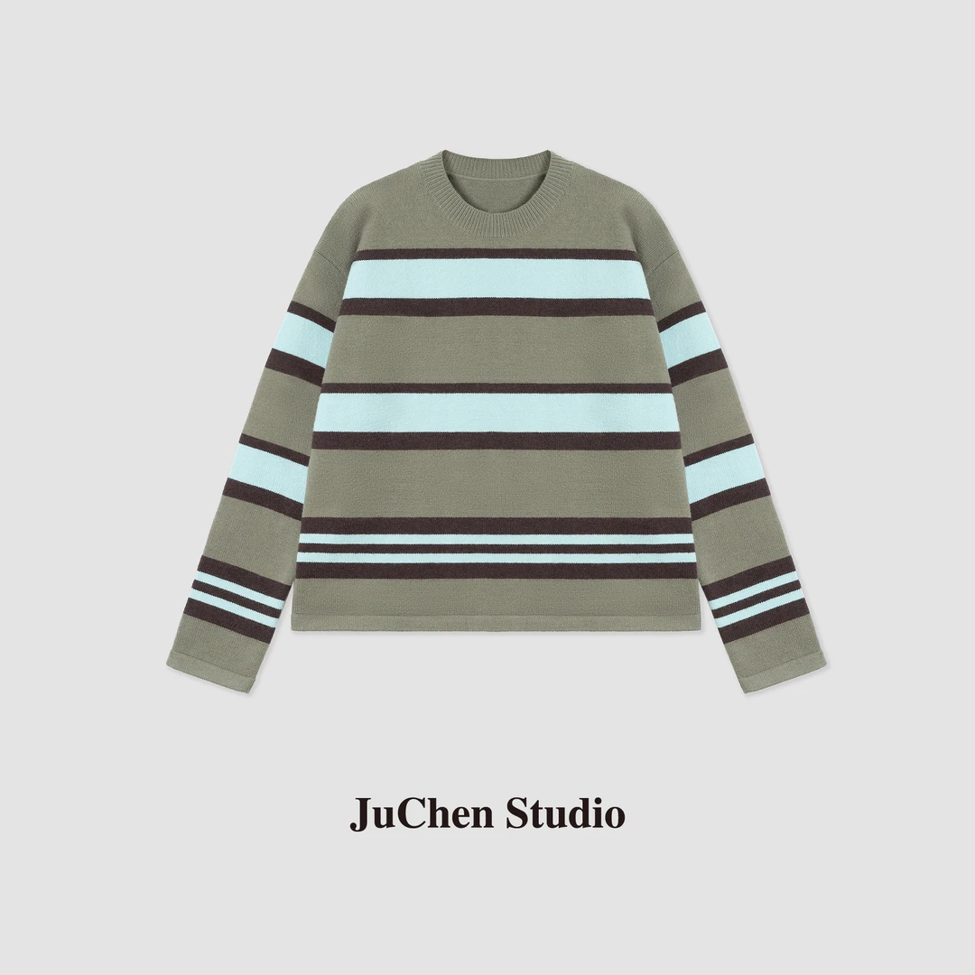 慵懒风海松绿拼色条纹抗起球宽松针织毛衣FW23497-24