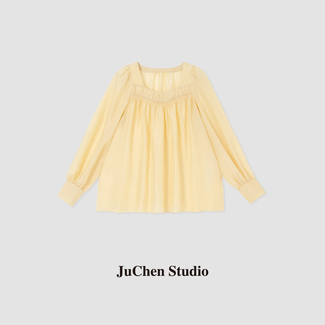 法式浪漫氛围感 %桑蚕丝樱草黄方领长袖衬衫SS58257-87