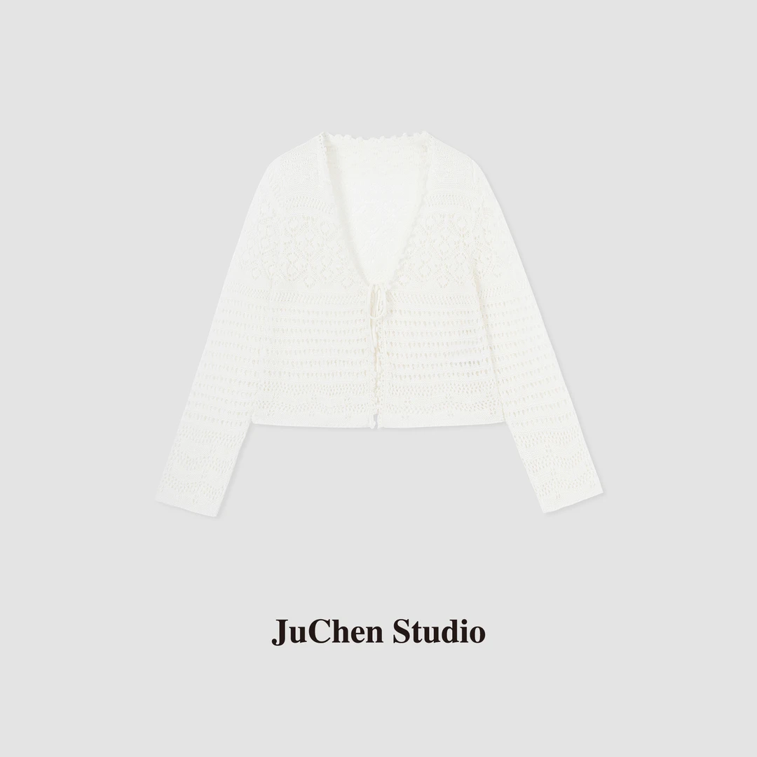 客供夏日亚麻双股钩花 法式防晒宽松V领系带小开衫 SS24024-24