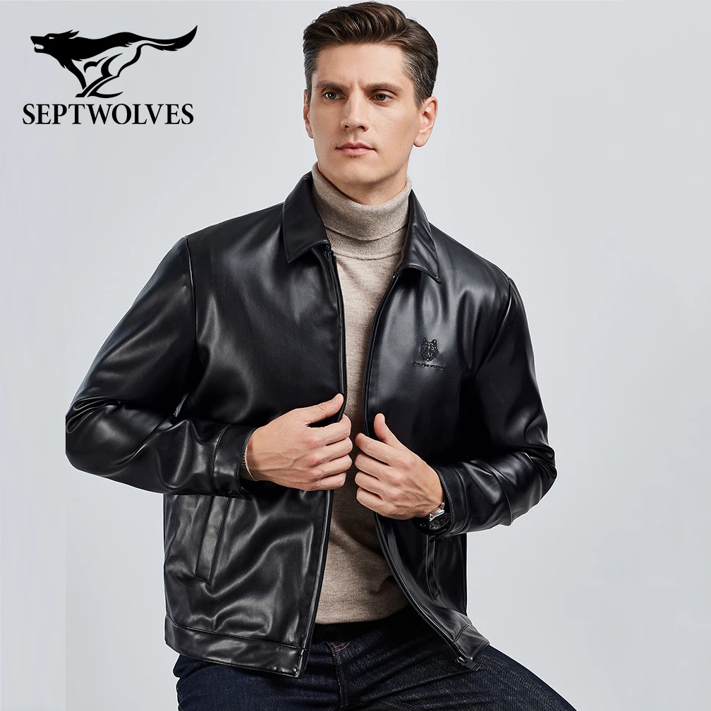 七匹狼皮衣男外套中年秋季新款翻领行政夹克男士皮夹克爸爸茄克