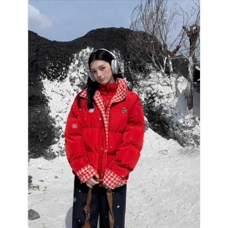 美式复古两件格子拼接棉服外套女装冬季设计感宽松保暖面包服棉衣