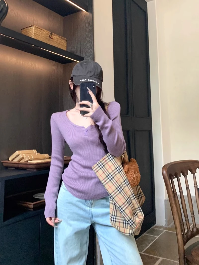 别致软糯小众紫色半开领针织衫女早秋纯欲气质设计感显瘦内搭上衣