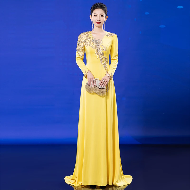 1029高端优雅气质长款修身显瘦艺考主持宴会主持人走秀设计感礼服